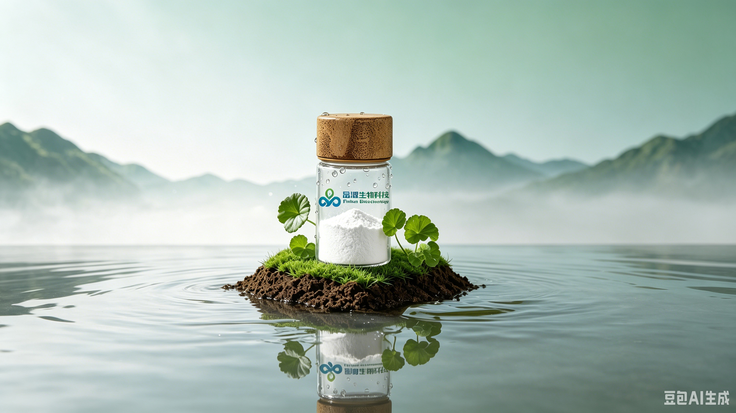 PINHONBIO cosmetic ingredient sample presented in a botanical water setting